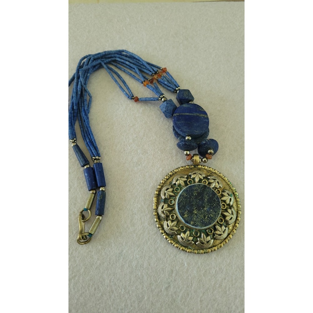 Handcrafted Lapis Lazuli Heishi Multi Strand Tribal Boho Pendant Necklace
